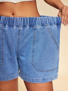 Travachic 女士休闲弹力腰牛仔短裤，夏季 - 淺色水洗藍 - 查看 1