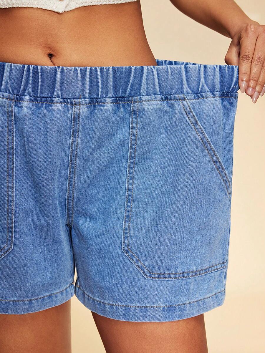 Travachic 女士休闲弹力腰牛仔短裤，夏季 - 淺色水洗藍 - 查看 1