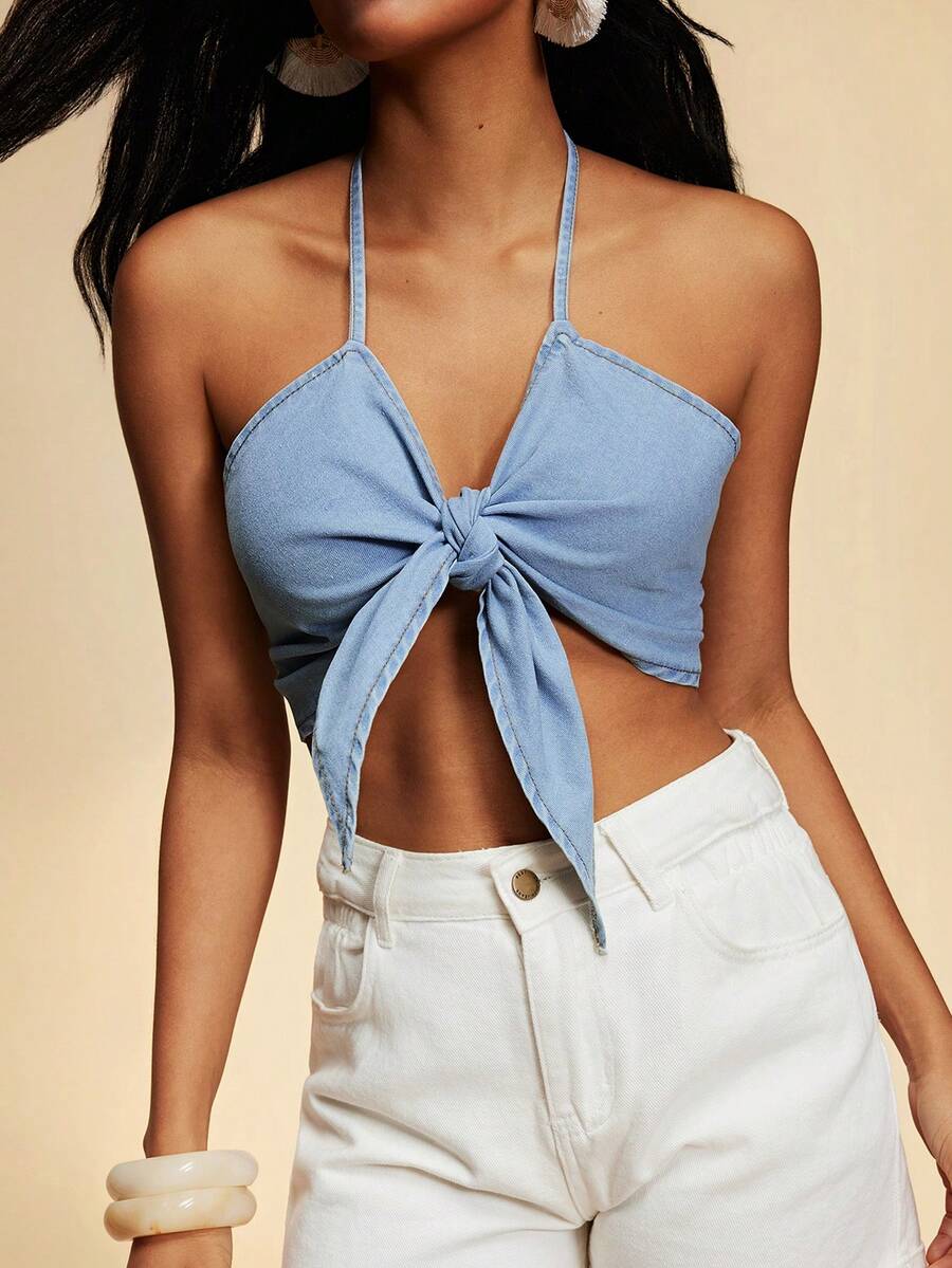 Travachic 夏季女士性感露背吊带牛仔短款上衣 - 淺色水洗藍 - 查看 1