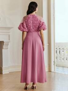 Anewsta 春夏浪漫假日3D立体花卉面料拼接花瓣袖A字腰身优雅派对连衣裙（女款） - 玫紅色 - 查看 3