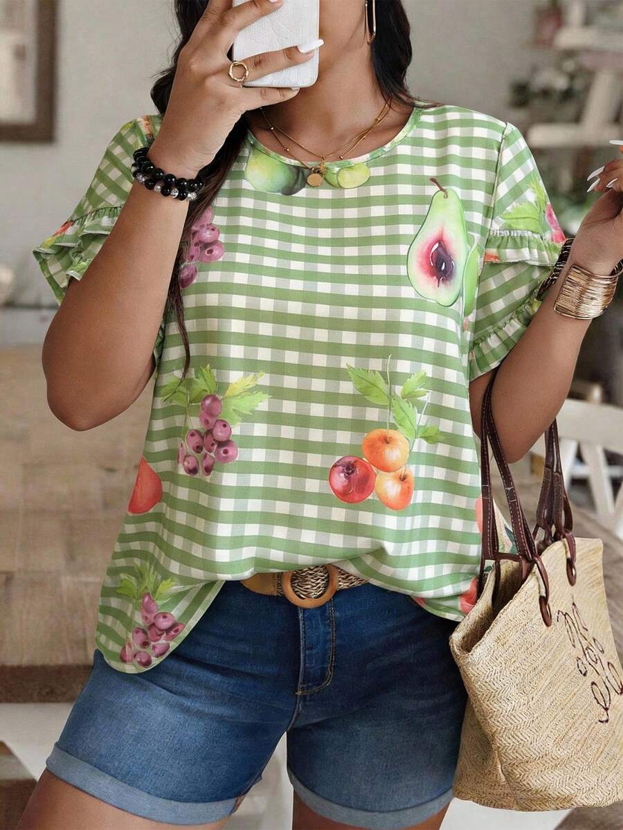 Weeklong Green Plaid Fruit Print Dopamine Vacation Shirt - Plus Size, Puff Sleeve With Ruffle Trim, Versatile For Casual/Office Wear (Spring & Summer) - Multicolor - View 1