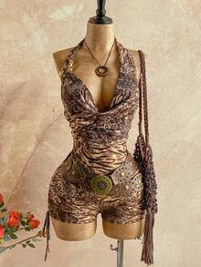 Soleia Women's Animal Print Plunging Neck Backless Jumpsuit - Multicolor - View 6