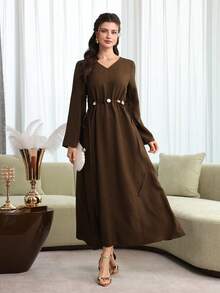 Yasmyna 女士春夏梭织长袖系腰串珠A字优雅休闲土耳其长裙及阿拉伯传统罩袍 - 棕色 - 查看 4