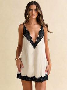 SHEIN BAE Women's Sexy Contrast Lace Mini Slip Dress, Summer - White - View 6