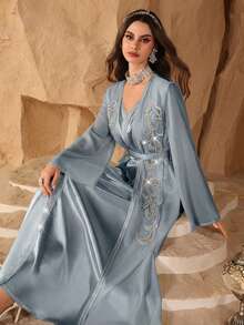 Al Najma Satin Solid Color Ribbon Decor, Adorn With Luxurious 3D Floral, Waist-Cinching Elegant 2 In 1 Arabian Dress - Blue - View 4