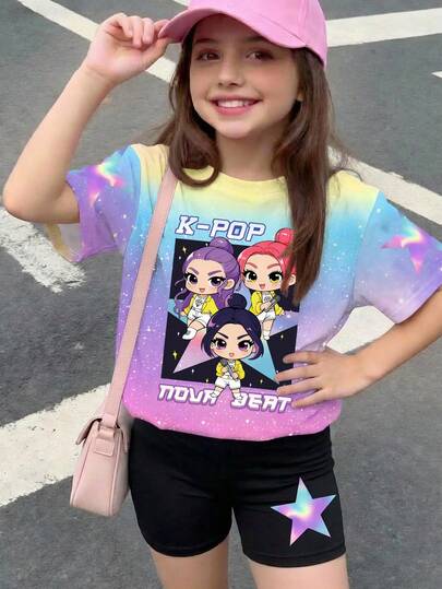 2pcs Tween Girls Casual Cartoon Print Short Sleeve T-Shirt And Shorts Set, Suitable For Summer