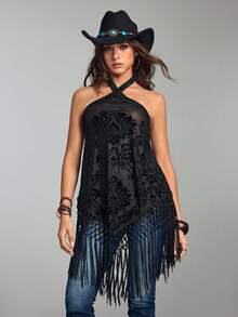 ROMWE Avant 女士性感度假/音乐节透视植绒露背流苏不对称下摆罩衫 - 黑色 - 查看 1