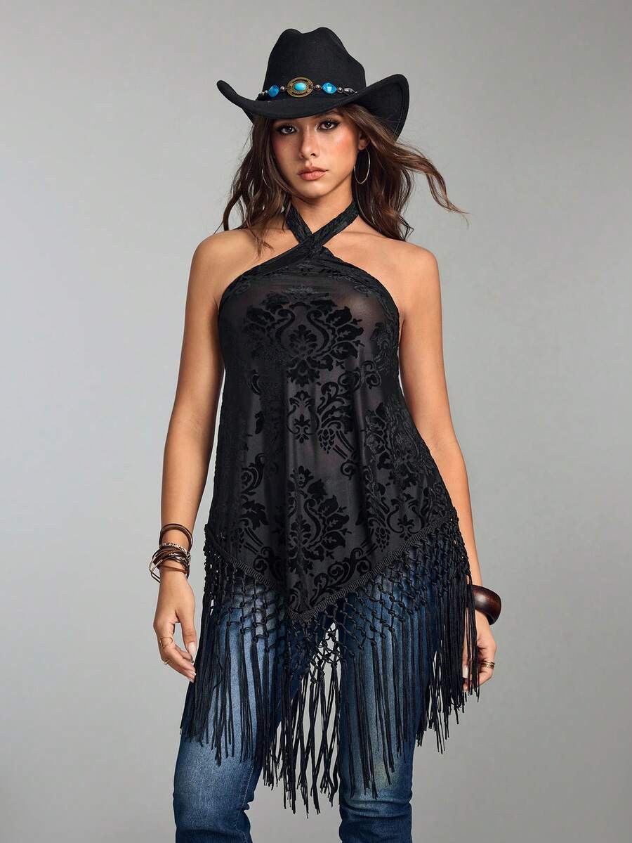 ROMWE Avant 女士性感度假/音乐节透视植绒露背流苏不对称下摆罩衫 - 黑色 - 查看 1