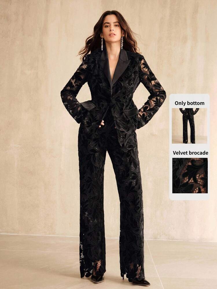 Women's Elegant Chic Delicate Velvet Hollow Embroidered Fashionable Slimming Patchwork Woven Trousers, Suitable For Going Out, Elegant, Formal, Party, Fashion, Formal Wear, Work, Graduation