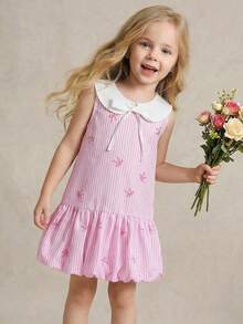 PrepCrw 1pc Young Girls' Elegant Delicate Collegiate Cute Pearl Bow Striped Pattern White Collar Sleeveless Dress, Suitable For Casual Daily, Outings, Gatherings, Festivals, Spring And Summer - Pink - View 2