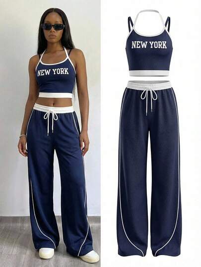 SHEIN 休闲街头风吊带宽松T恤套装，适合青少年女孩，春夏百搭上衣，适合外出、度假、旅行及各种场合。