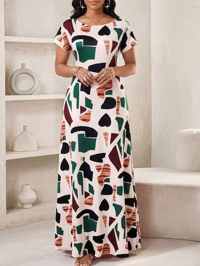 SHEIN Lady Women's Round Neck Short Sleeve Contrast Color Asymmetrical Print Dress