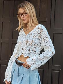 MainGRL 2026 Women's Spring/Early Spring Hollow-Out Knitted Cardigan, Acrylic (Faux Cashmere), Milky White - White - View 5