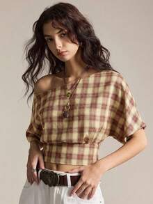 Easelle 2026 Women's Plaid Batwing Sleeve Casual Loose Top, Red Off-Shoulder Plaid Blouse, Red Short Sleeve Retro Top - Red - View 8