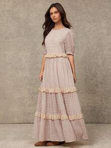 WESTFADE Mixed Gingham Petal Sleeve Open Back Tie Loose Fit Tiered Maxi Dress - Brown - View 4