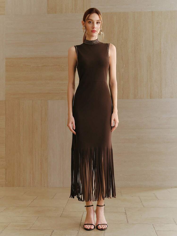 Women's Elegant Dress, Vacation Wear Dress, Minimalist Commuter Half-High Collar Sleeveless Embellished Brown Long Tassel Dress