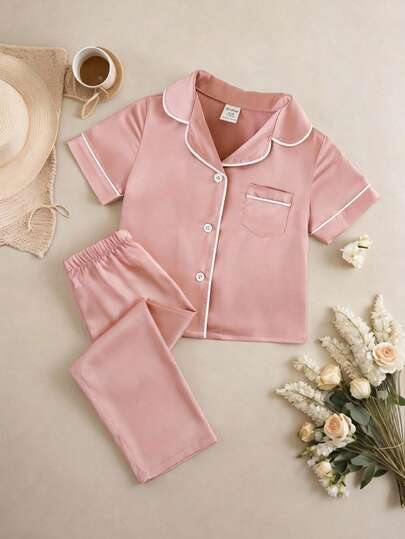 2-Piece Cute Baby Girl Casual And Simple Short-Sleeve Shirt And Trousers Set With Collared Collar, French Elegant And Ladylike Style, Back To School, Stylish Streetwear, Mommy And Me Matching Outfits