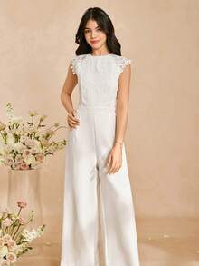 Bộ áo liền quần thanh lịch có khóa kéo và viền ren dành cho thiếu nữ. Chất liệu vải mềm mại, ống rộng, cạp cao, tay áo khoét lỗ, phù hợp cho các buổi đi chơi hàng ngày và tiệc tùng. - trắng - Xem 1
