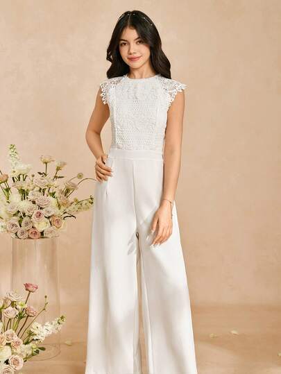 Elegant Lace Trim Zipper Jumpsuit For Teen GirlSoft Woven Fabric Wide Leg High Waist Pants, Hollow Sleeve, Suitable For Daily Outings And Parties