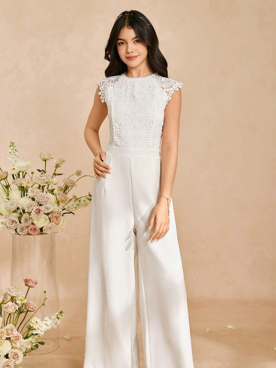 Bộ áo liền quần thanh lịch có khóa kéo và viền ren dành cho thiếu nữ. Chất liệu vải mềm mại, ống rộng, cạp cao, tay áo khoét lỗ, phù hợp cho các buổi đi chơi hàng ngày và tiệc tùng. - trắng - Xem 1