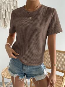 SHEIN Essnce Camiseta Casual Solta de Malha com Gola Redonda e Manga Curta, Cor Sólida, Verão - Marrom Claro - Visão 7