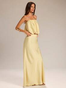 SHEIN BAE 黄色无肩带泡泡袖缎面上衣和黄色鱼尾裙两件套，缎面两件套，黄色两件套，婚礼宾客两件套，约会之夜两件套，毕业典礼两件套 - 黃色 - 查看 4