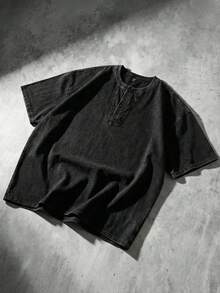 ROMWE MEN Men's Henley Neck Washed Loose Fit Short Sleeve T-Shirt - Black - View 5