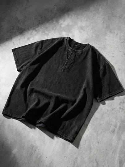 ROMWE MEN Men's Henley Neck Washed Loose Fit Short Sleeve T-Shirt