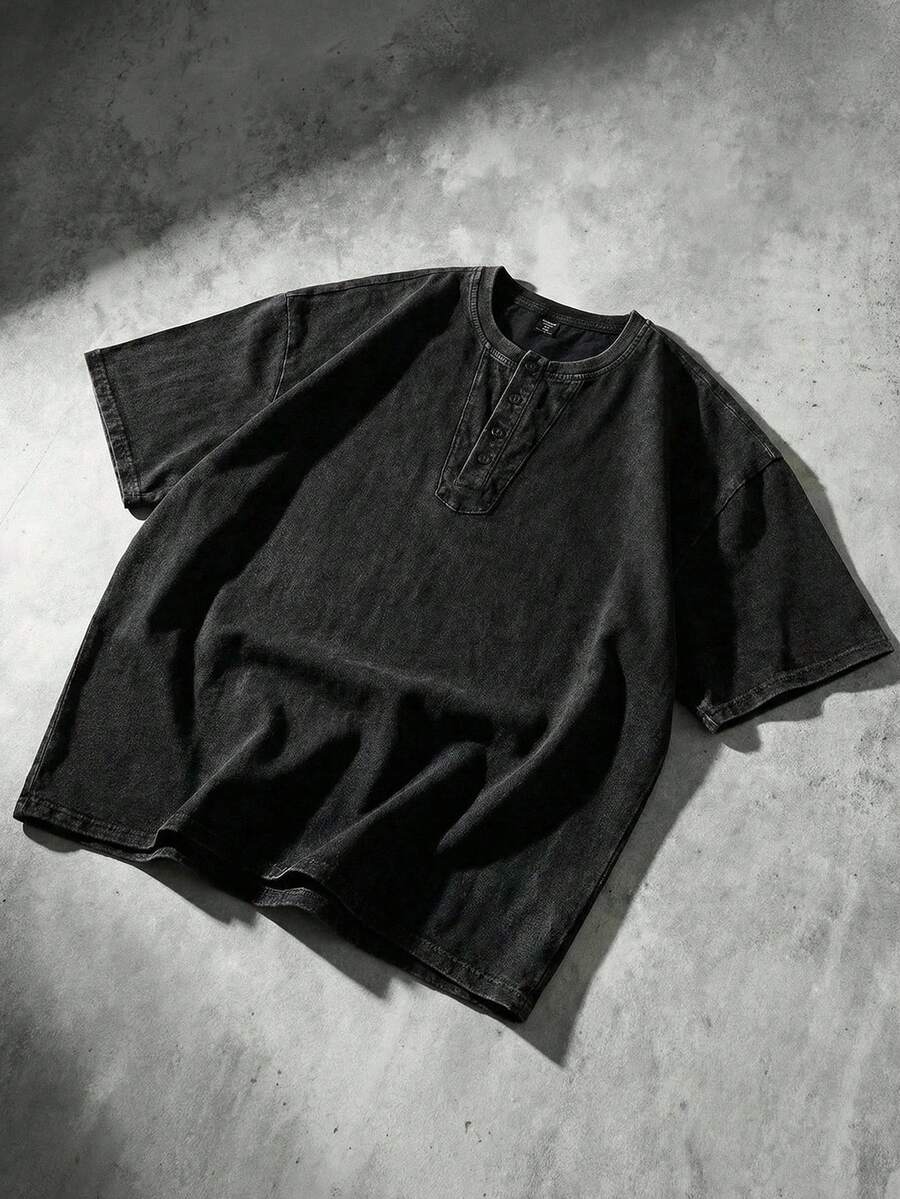 ROMWE MEN 男士亨利领水洗宽松短袖T恤 - 黑色 - 查看 1