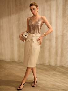 MOTF PREMIUM TOP DE TIRANTES ELEGANTE CON APLICACIÓN DE ENCAJE PARA MUJER, VERANO - Marrón - Ver 6