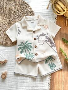 SHEIN Vintaside Kids Toddler Boys' Funny Wild Animal Print Short Sleeve Shirt And Shorts Set, Spring/Summer Vacation Casual - Multicolor - View 4