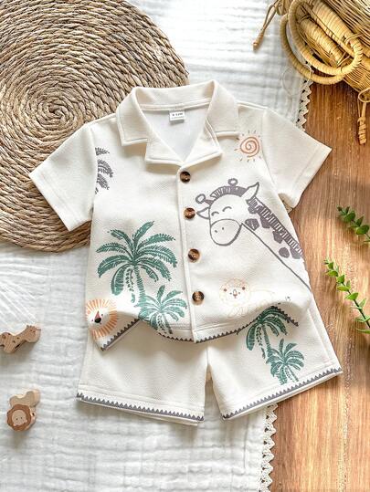 SHEIN Vintaside Kids Toddler Boys' Funny Wild Animal Print Short Sleeve Shirt And Shorts Set, Spring/Summer Vacation Casual