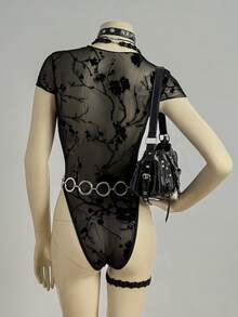 EgrlEra Women's Sexy Bodysuit In Flocked Fabric - Black - View 2