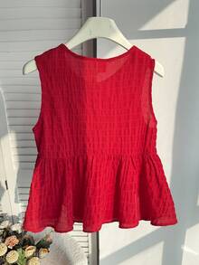 SHEIN 少女红色提花雪纺无袖蝴蝶结肩带荷叶边下摆可爱休闲度假吊带背心 - 紅色 - 查看 2