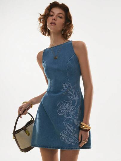 Poéselle Vestido vaquero casual ajustado sin mangas con bordados para mujer
