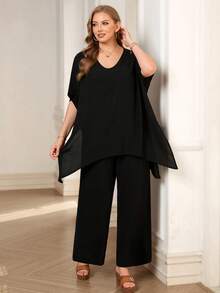 Rosumi Ensemble 2 pièces Top à manches courtes col V asymétrique et pantalon long, grande taille - Noir - Voir 1