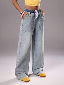 TRNVIE 时尚休闲弹力腰抽绳口袋低腰阔腿牛仔裤 - 中等水洗藍 - 查看 4