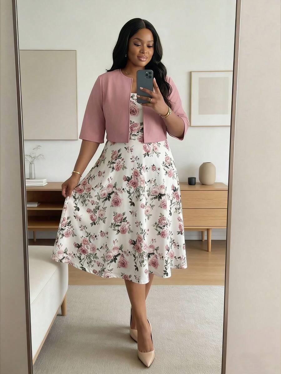 SHEIN Lady CURVE 大码夏季优雅印花连衣裙和外套两件套