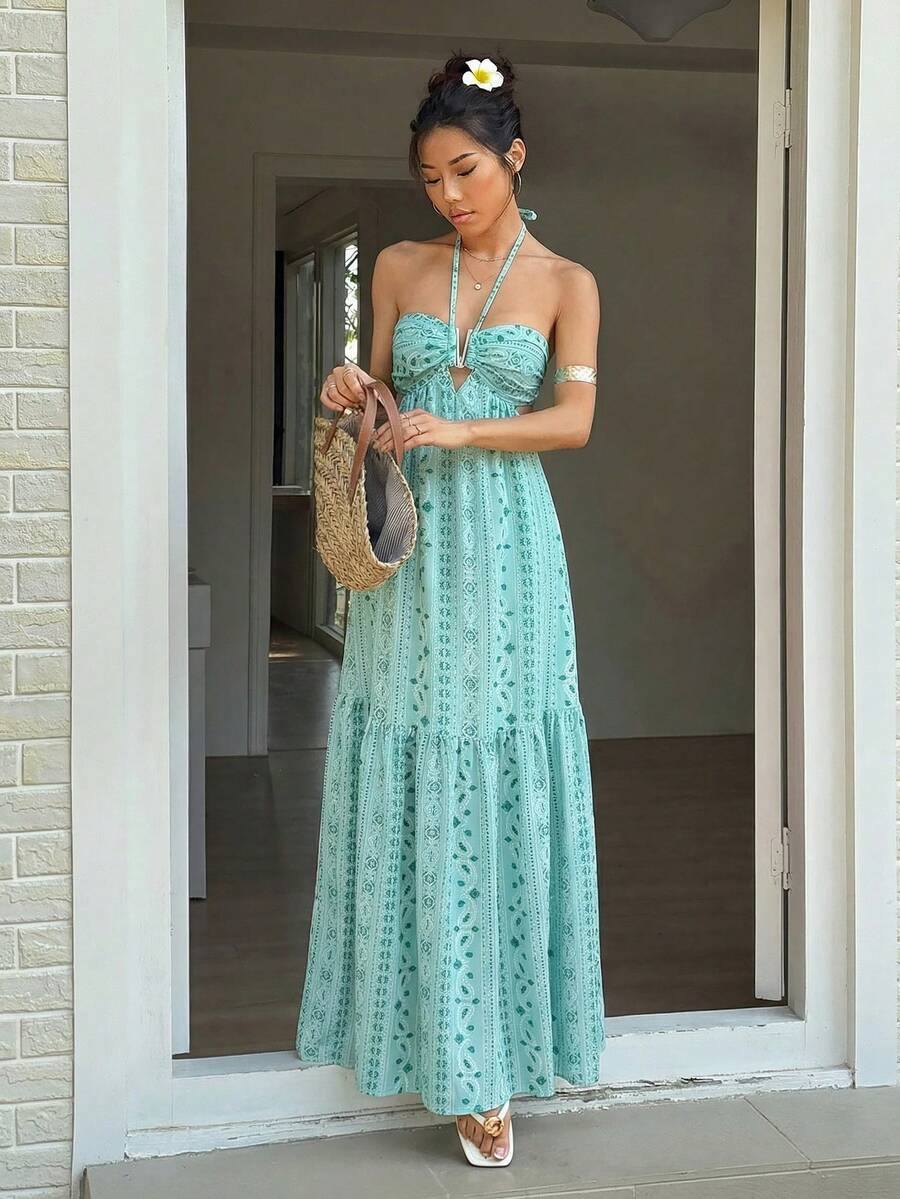 Sunnyshic Women's Minimalist Everyday Printed Maxi Dress - Mint Blue - View 1