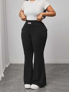 Truni Women Plus-Size Knitted Elastic Solid Color Flare Pants With Pocket, For Pear Triangle Body Shape - Black - View 9