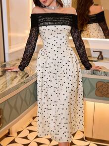 Modelyn 女士春夏针织黑色蕾丝长袖露肩拼接杏色波点提花腰部A字优雅连衣裙 - 杏色 - 查看 1