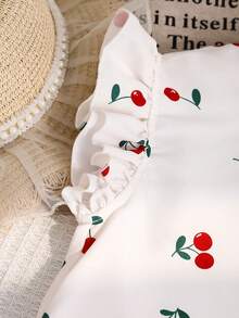Emery Rose Kids Emery Rose Kids 两件套女童雪纺圆领樱桃印花荷叶边休闲T恤和条纹裤套装 - 紅白色 - 查看 9