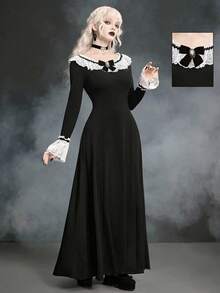 ROMWE SpringGothic Lace Patchwork Long Dress For Women, Spring/Summer - Black - View 1