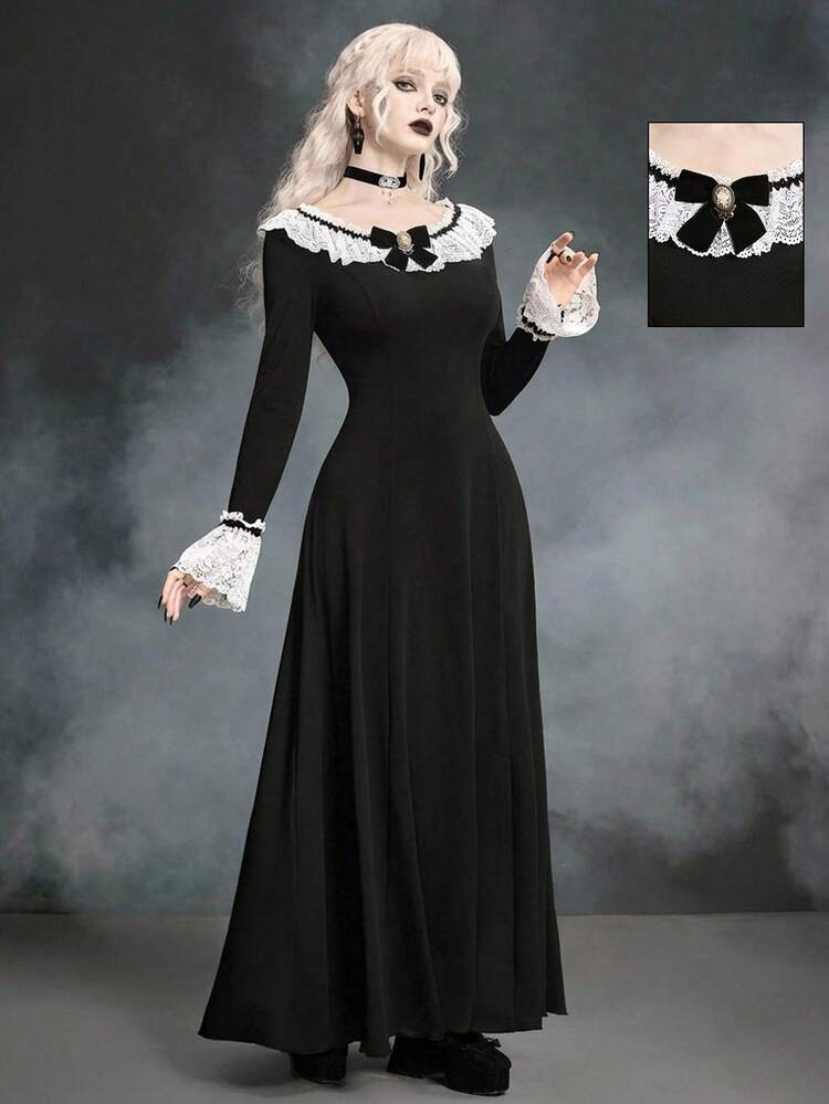 ROMWE Goth 女士哥特式蕾丝拼接长裙 - 黑色 - 查看 1