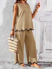 SHEIN Maternity Vacation Casual Contrast Color Shell Trim Tank Top And Pants 2 Pieces Set - Khaki - View 3