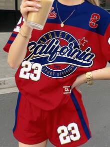 少女圆领短袖T恤短裤两件套，休闲简约风格，适合夏季上学、运动、户外、街头、居家穿着。 - 彩色 - 查看 6