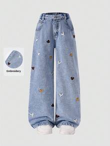 SHEIN ChillGRL 2025秋冬新款少女时尚爱心刺绣宽松阔腿牛仔裤，可爱宽松牛仔裤，少女可爱中码宽松校园风Y2K少女90年代复古风，90年代少女Y2K印花花朵阔腿牛仔裤 - 藍色 - 查看 7