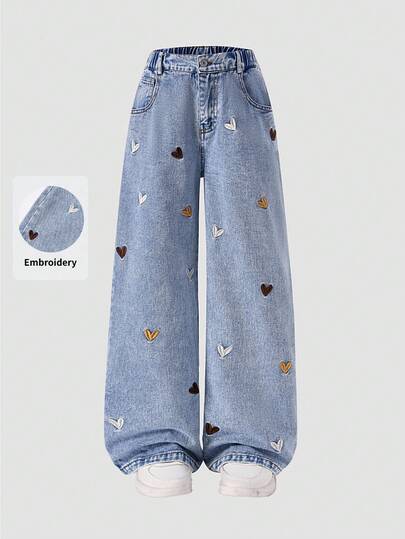 SHEIN ChillGRL 2025秋冬新款少女时尚爱心刺绣宽松阔腿牛仔裤，可爱宽松牛仔裤，少女可爱中码宽松校园风Y2K少女90年代复古风，90年代少女Y2K印花花朵阔腿牛仔裤