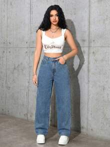 SHEIN ICON 大码女式复古街头风灰色无弹直筒牛仔裤 - 淺色水洗藍 - 查看 4