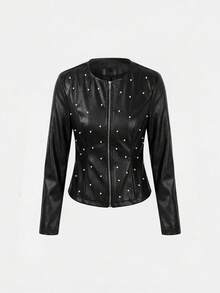 SHEIN PETITE 娇小女款铆钉装饰圆领街头朋克风短款PU皮夹克 - 黑色 - 查看 1